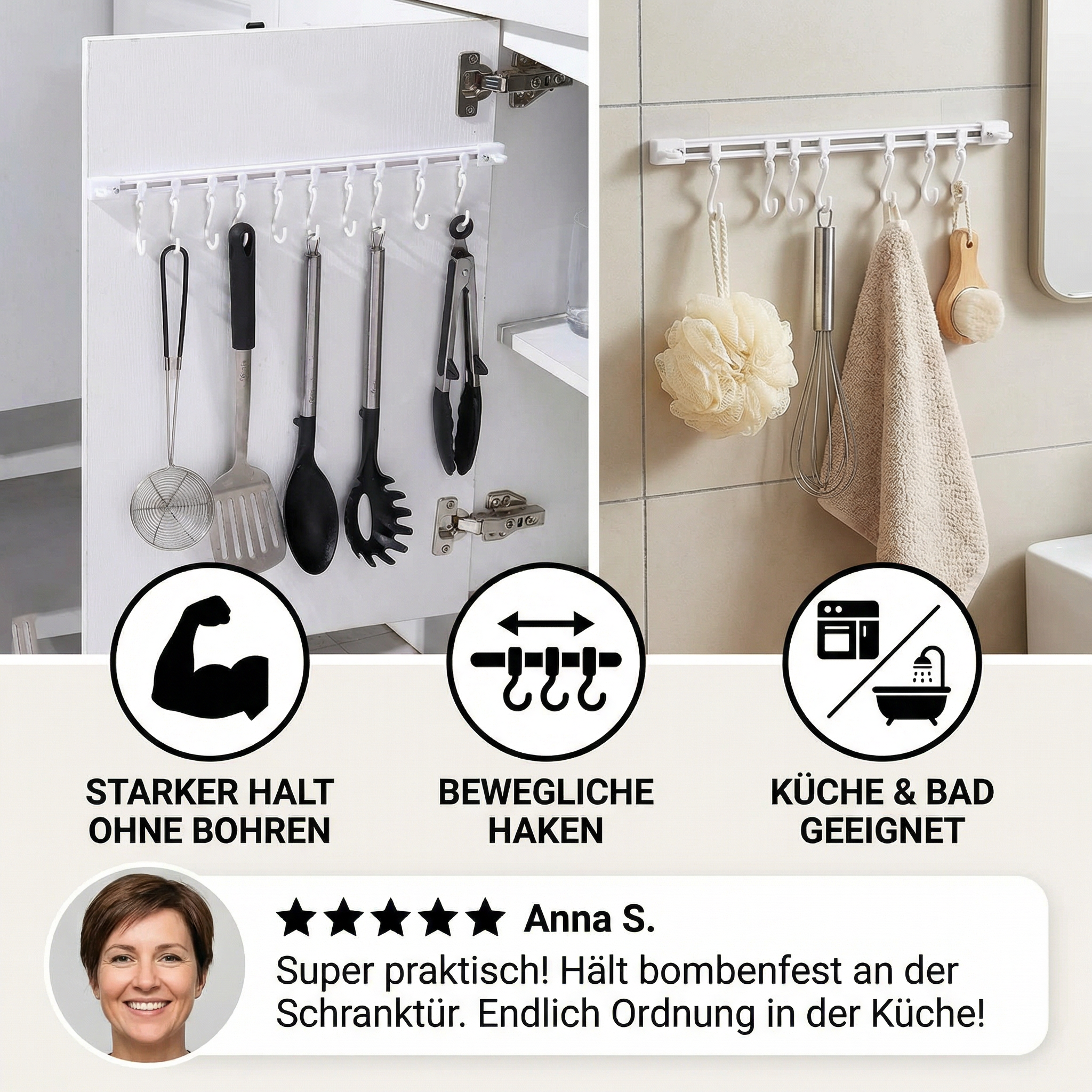 Selbstklebende Hakenleiste | Haken ohne Bohren anbringen | Küche und Bad organisieren